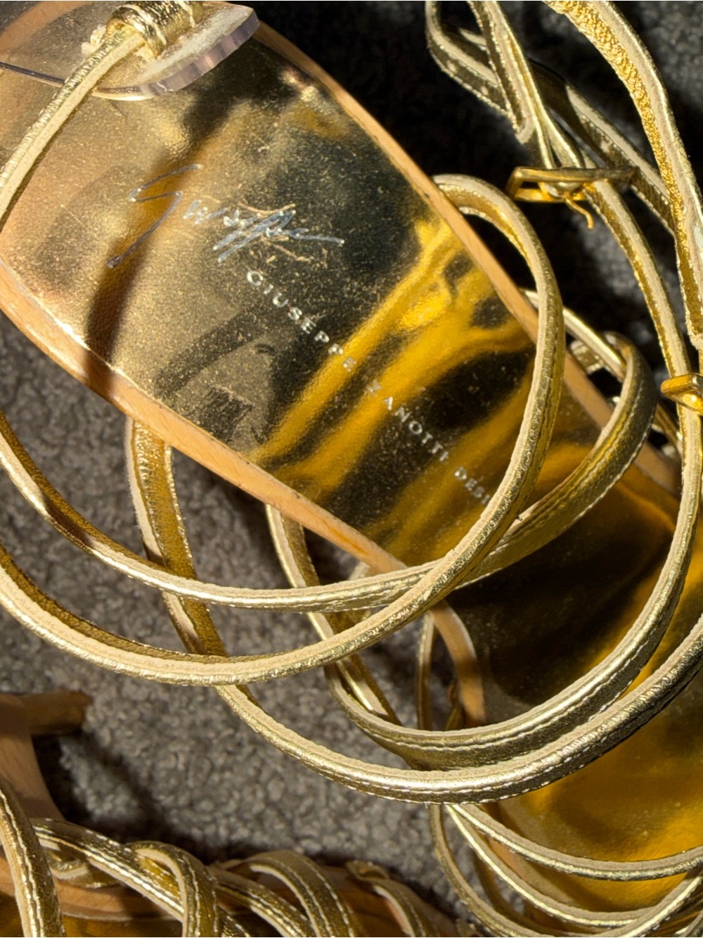 Giuseppe Zanotti Gold Leather Strappy Wood Wedge Sandals Vintage - Picture 5 of 5